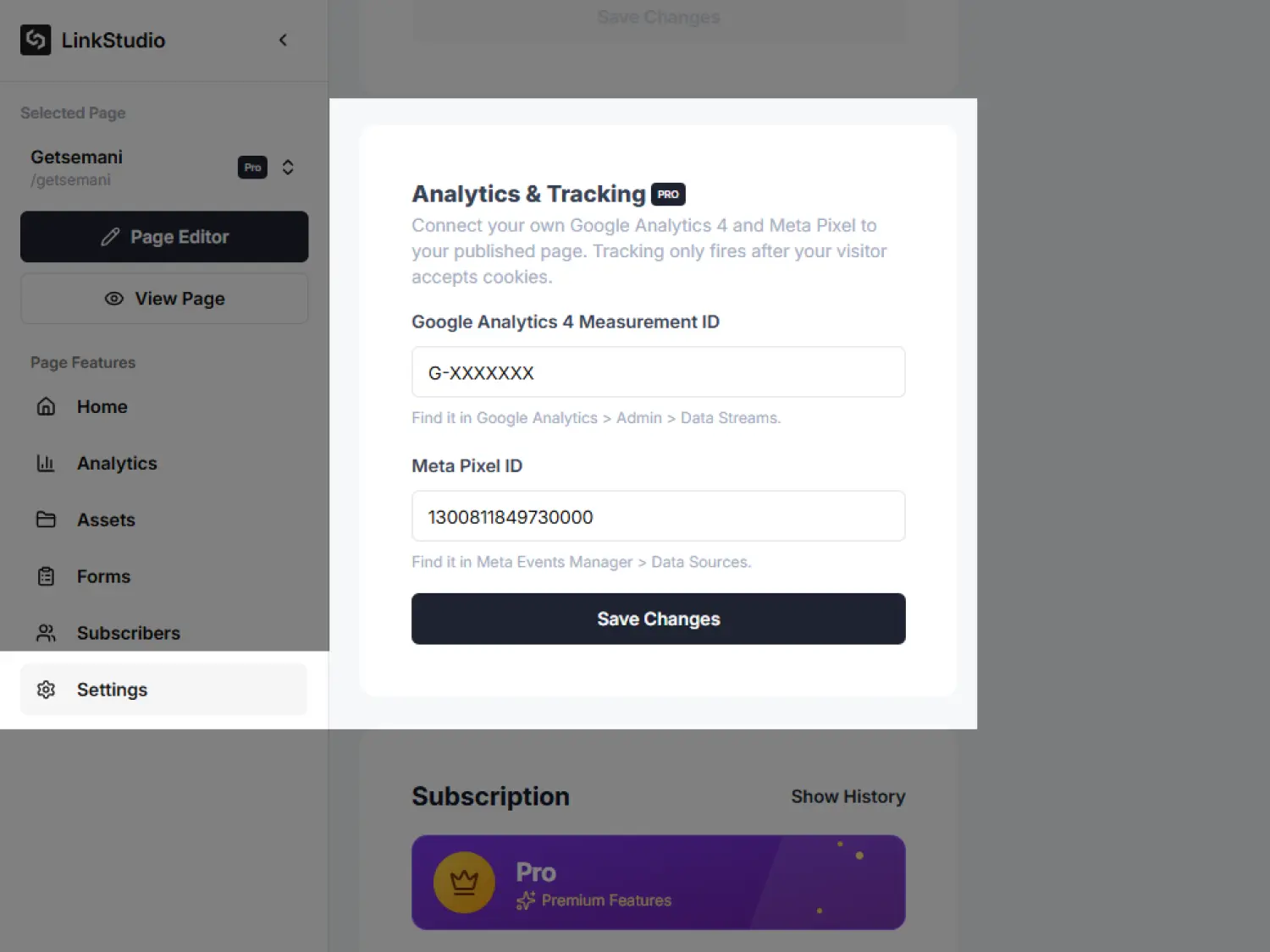 The Analytics & Tracking section in Settings