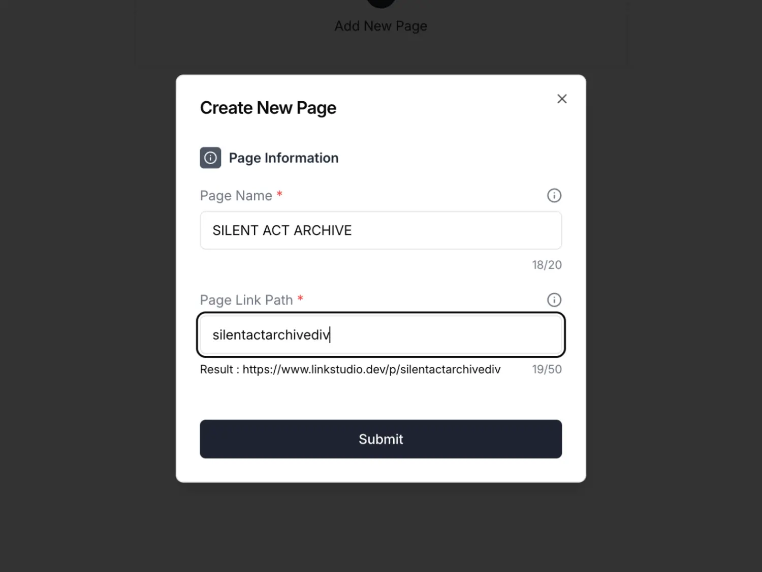 Create a page dialog
