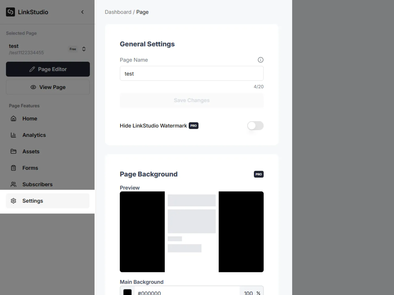 The Settings page