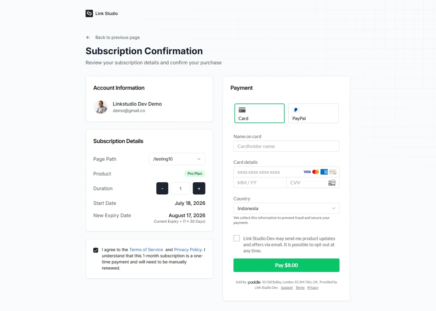 The checkout screen: page selector, month stepper, terms checkbox, and payment