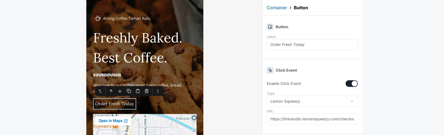 Click Event set to Lemon Squeezy with a checkout URL